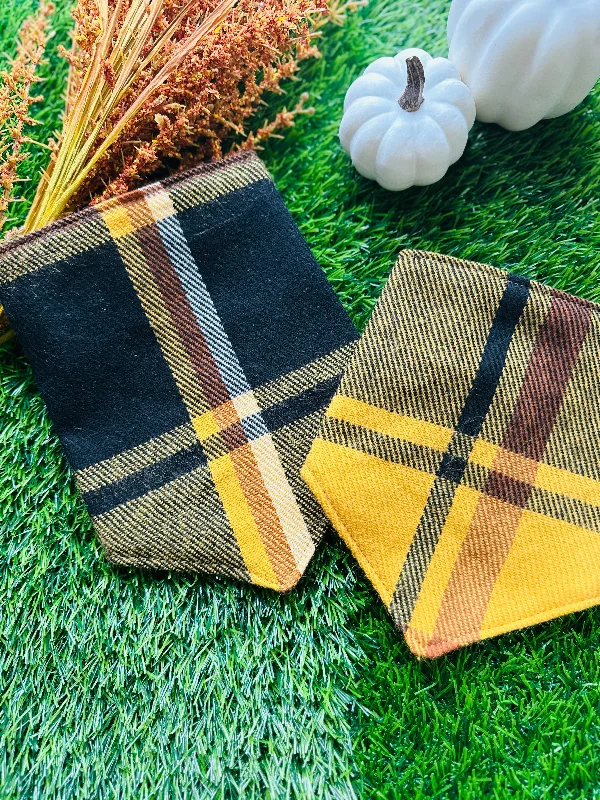 Navy and mustard lattice plaid flannel bandana for dogs, triangular flannel soft scarf for dog