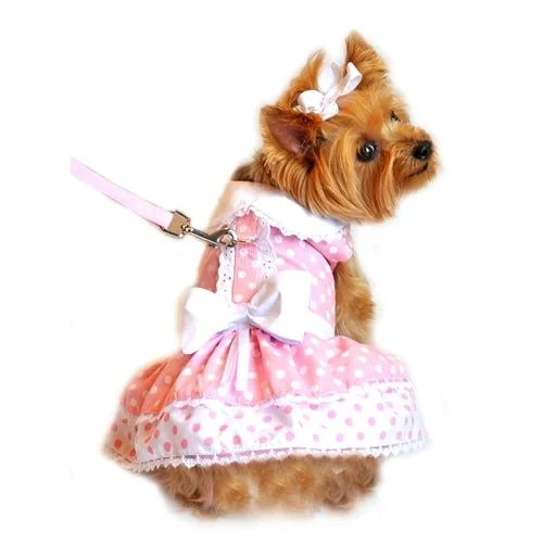 Pink Polka Dot and Lace Dog Harness Dress Set